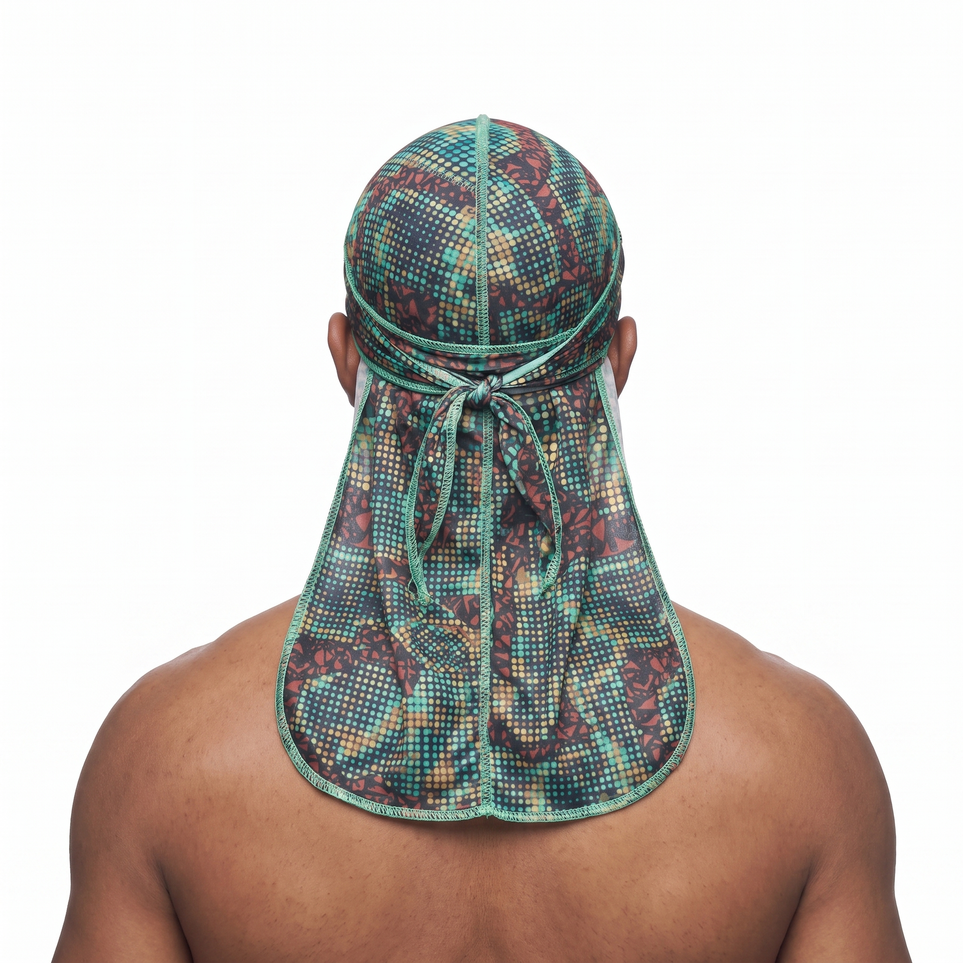 Digital Chameleon pixel camo Satin Silky Durag worn by male model, back view showing tied wrap and tail