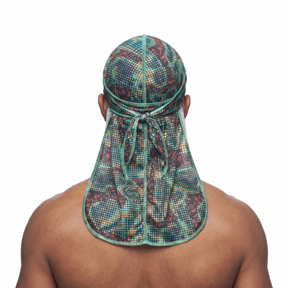 Digital Chameleon pixel camo Satin Silky Durag worn by male model, back view showing tied wrap and tail