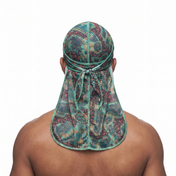 Digital Chameleon pixel camo Satin Silky Durag worn by male model, back view showing tied wrap and tail