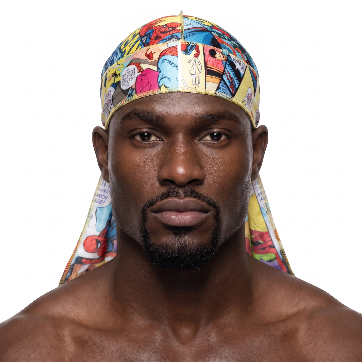 Spider Man web graphic Satin Silky Durag worn by male model, front view on white background