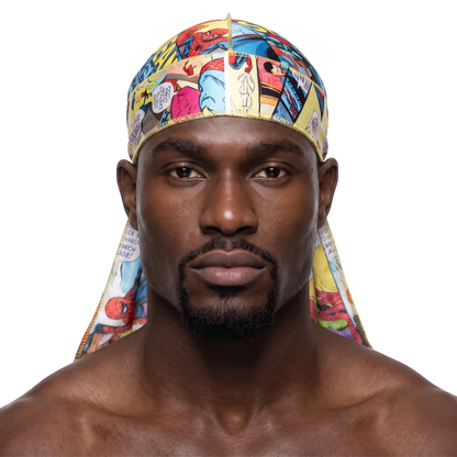 Spider Man web graphic Satin Silky Durag worn by male model, front view on white background