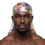 Spider Man web graphic Satin Silky Durag worn by male model, front view on white background