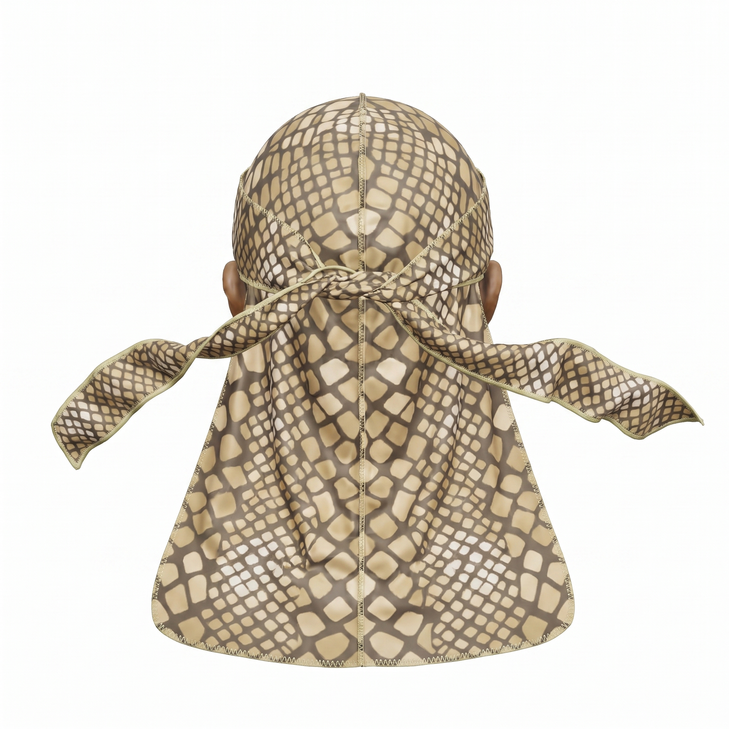Tan reptile snakeskin Satin Silky Durag - premium silky durag back view showing wrap straps, tail and stitching