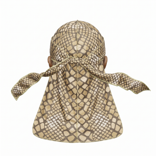 Tan reptile snakeskin Satin Silky Durag - premium silky durag back view showing wrap straps, tail and stitching