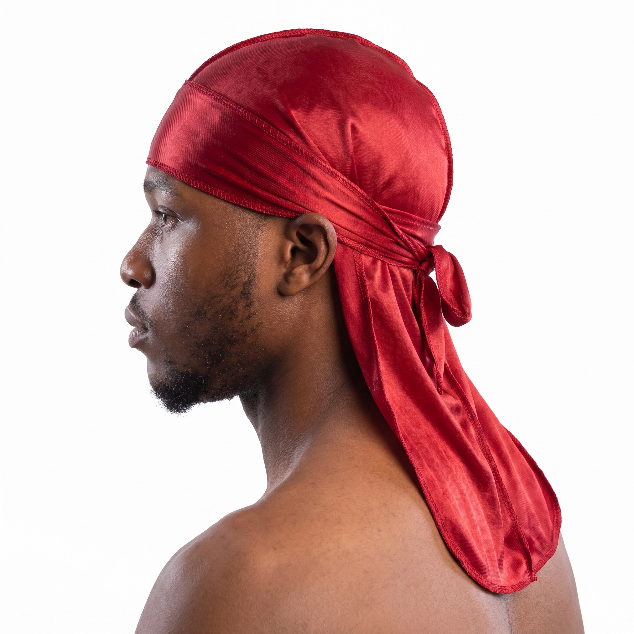 Premium Red Silk Durag worn by male model, side profile showing fit and tail drape
