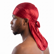 Premium Red Silk Durag worn by male model, side profile showing fit and tail drape