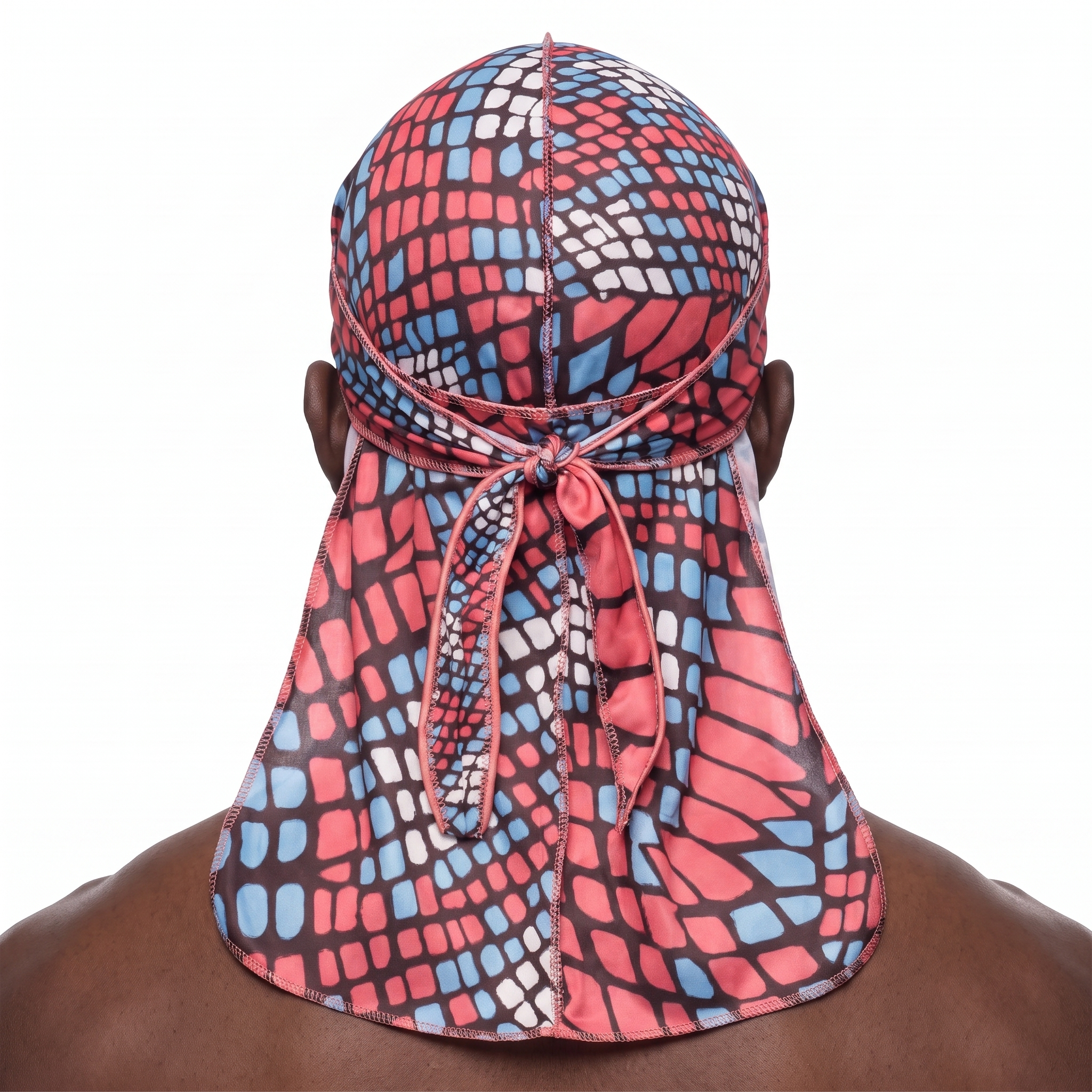 Red and Blue reptile snakeskin Satin Silky Durag worn by male model, back view showing tied wrap and tail