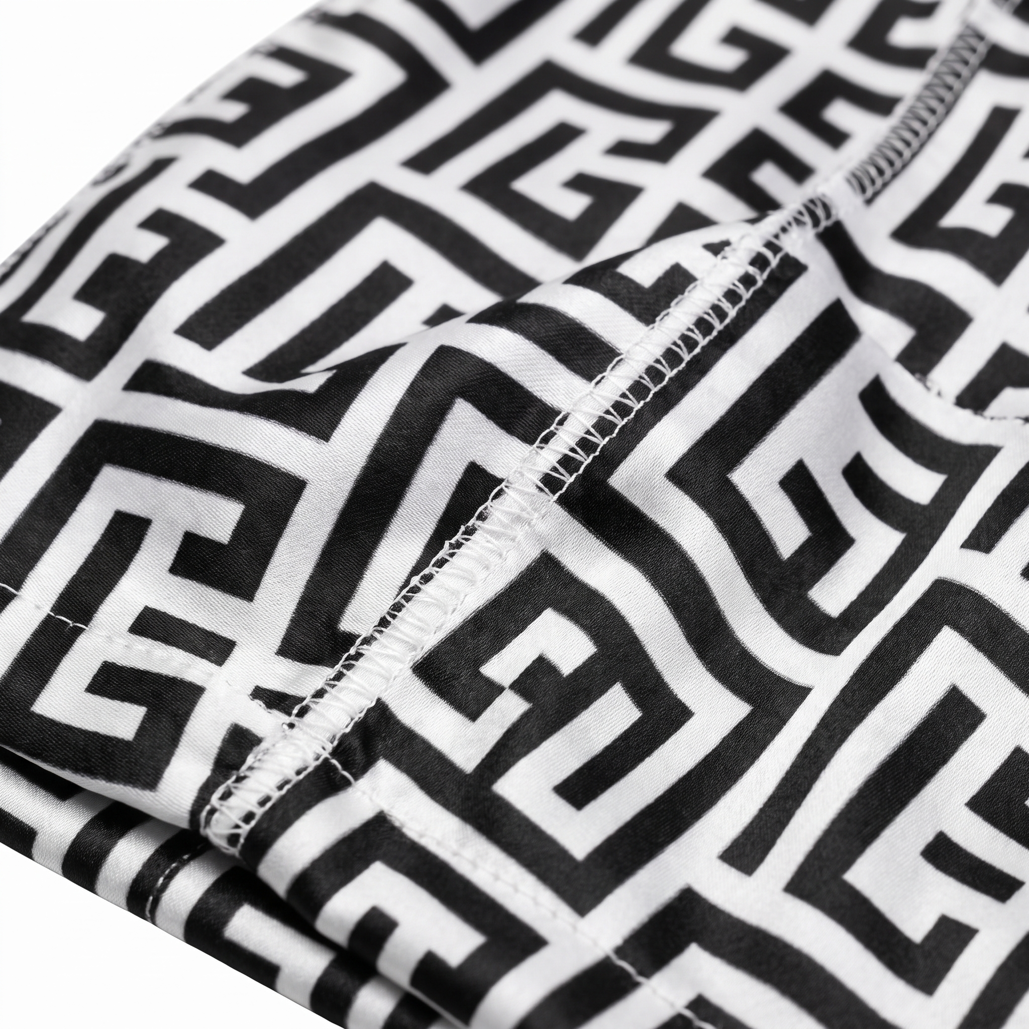 Black and White Maze geometric Satin Silky Durag fabric close-up showing Black and White Maze geometric print and stitching detail