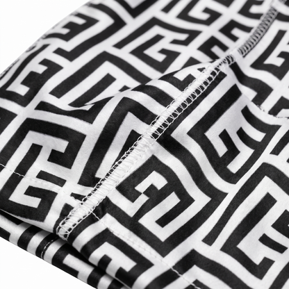 Black and White Maze geometric Satin Silky Durag fabric close-up showing Black and White Maze geometric print and stitching detail