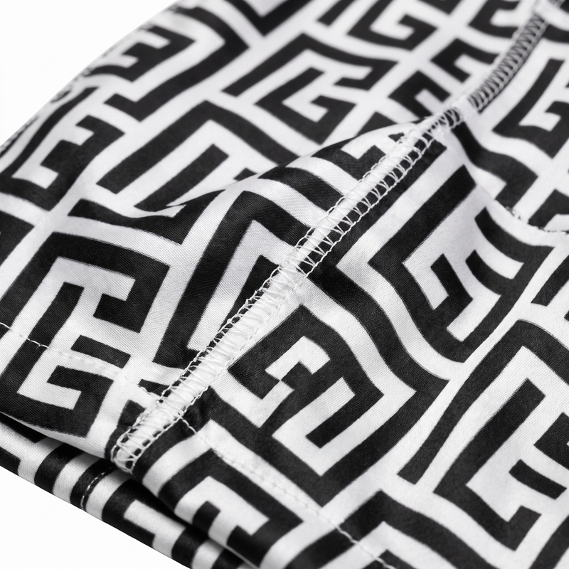 Black and White Maze geometric Satin Silky Durag fabric close-up showing Black and White Maze geometric print and stitching detail