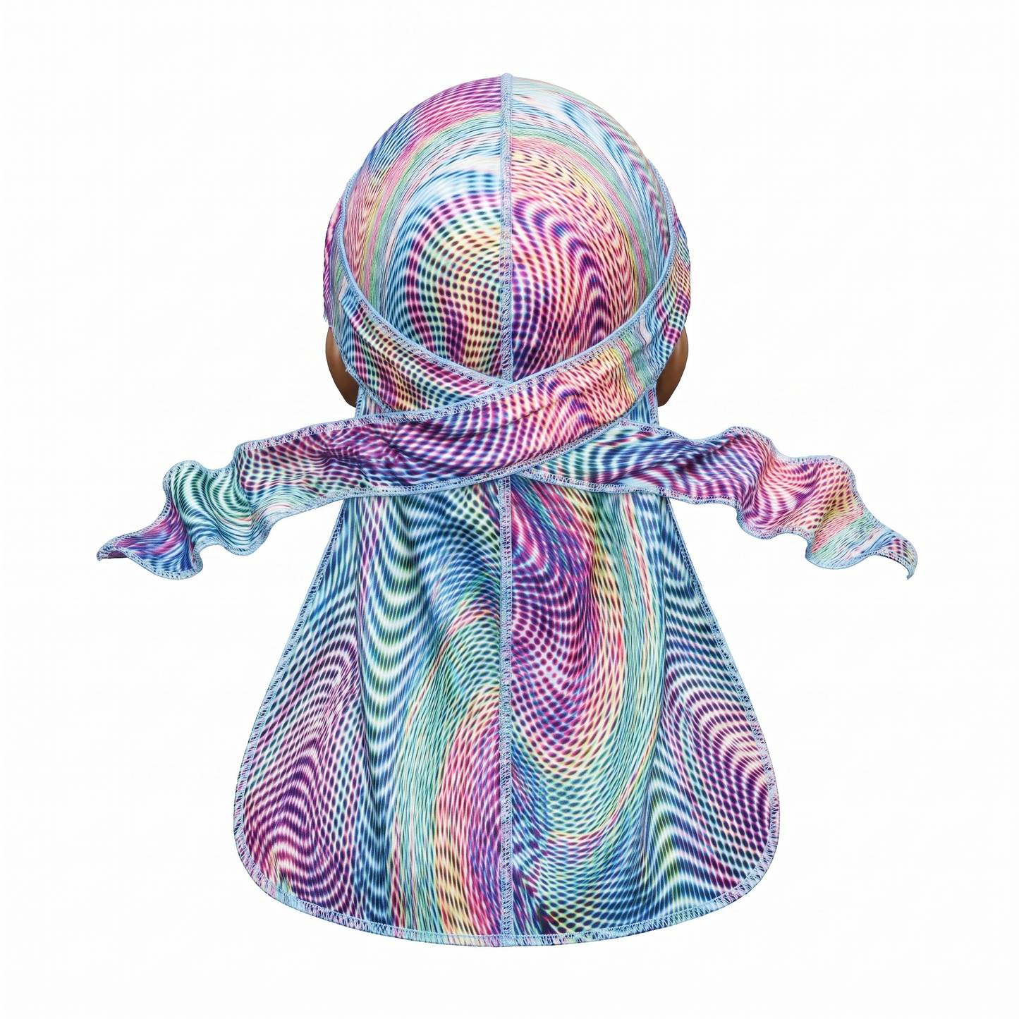 Purple optical illusion swirl Satin Silky Durag - premium silky durag back view showing wrap straps, tail and stitching
