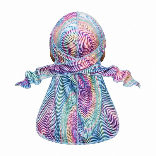 Purple optical illusion swirl Satin Silky Durag - premium silky durag back view showing wrap straps, tail and stitching