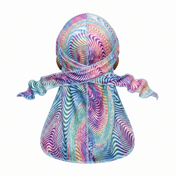 Purple optical illusion swirl Satin Silky Durag - premium silky durag back view showing wrap straps, tail and stitching