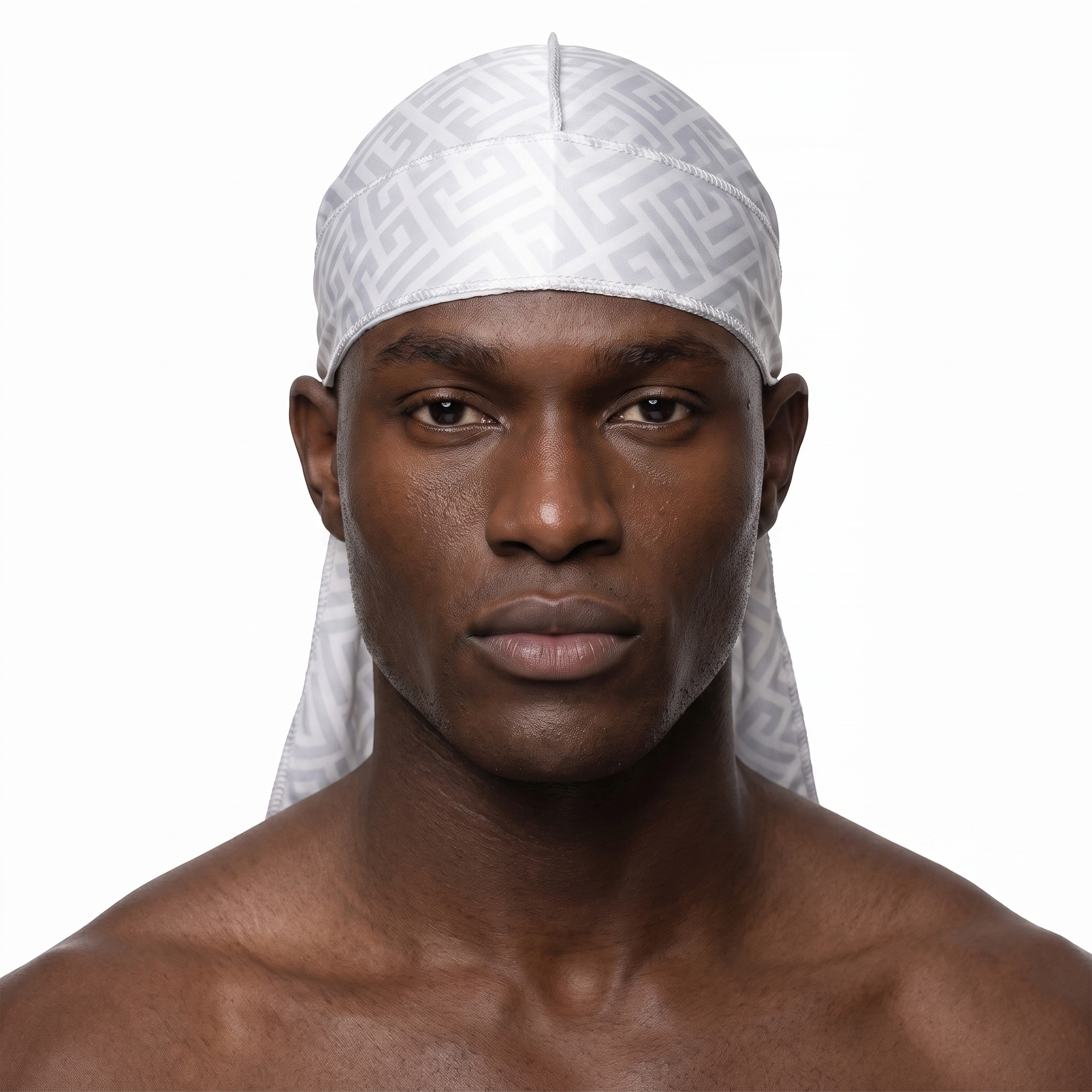 Ash Grey Maze geometric Satin Silky Durag worn by male model, front view on white background