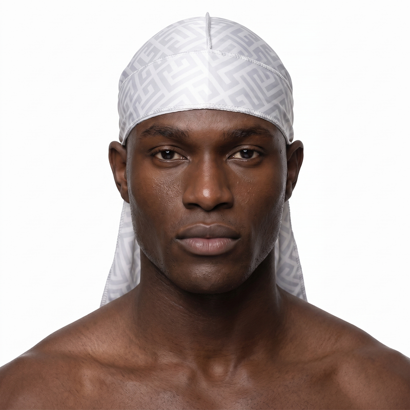 Ash Grey Maze geometric Satin Silky Durag worn by male model, front view on white background
