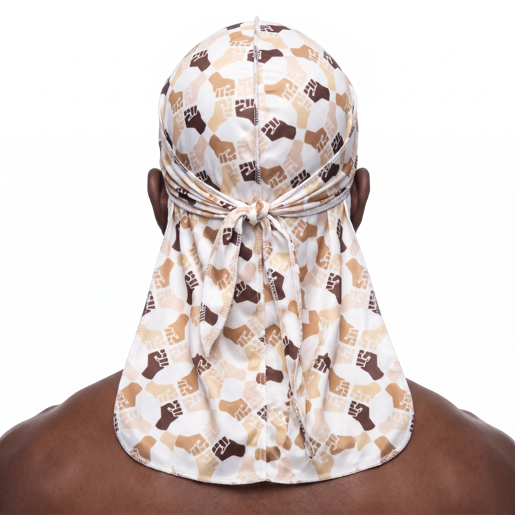 Black Power 2 graphic Satin Silky Durag worn by male model, back view showing tied wrap and tail