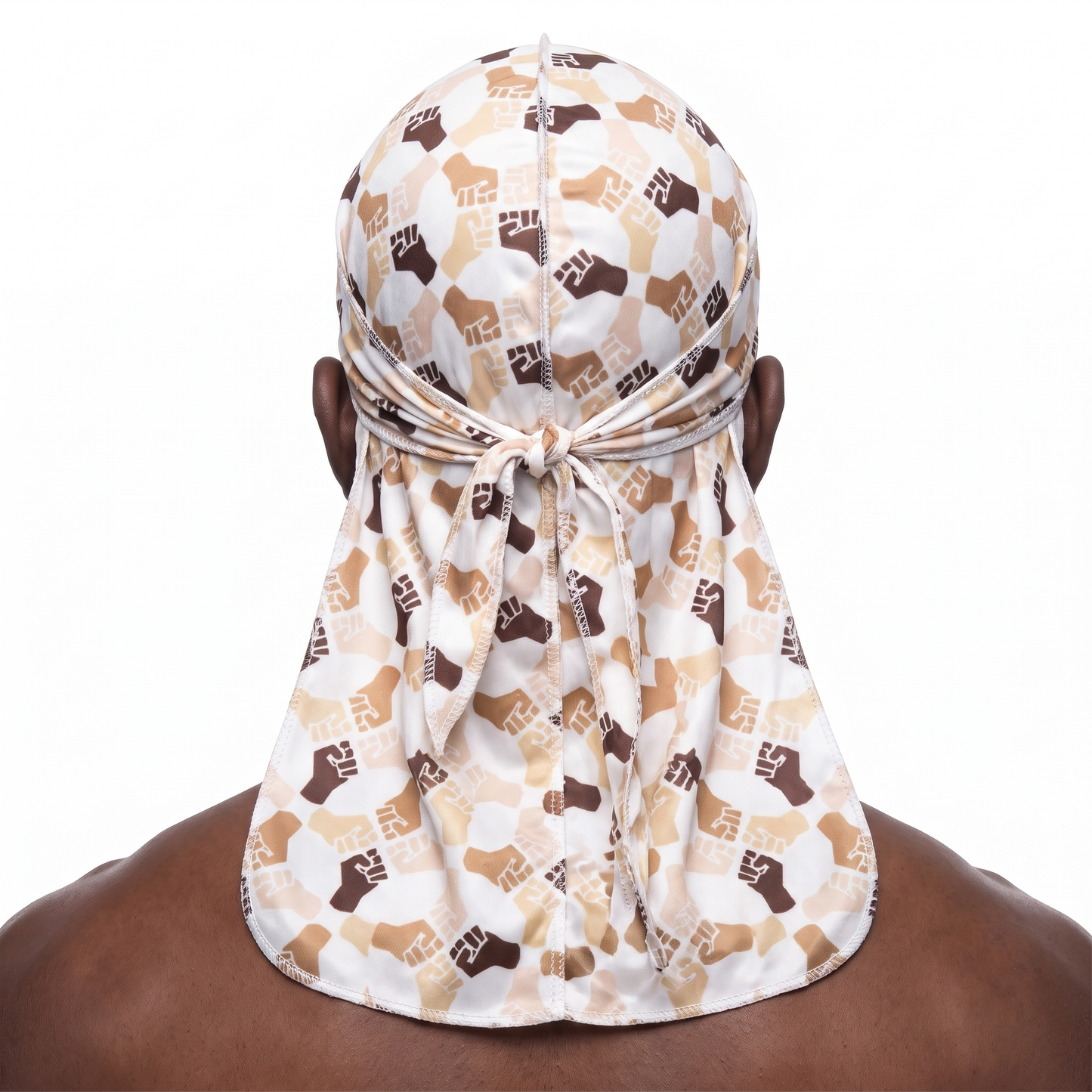 Black Power 2 graphic Satin Silky Durag worn by male model, back view showing tied wrap and tail