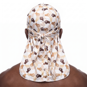 Black Power 2 graphic Satin Silky Durag worn by male model, back view showing tied wrap and tail