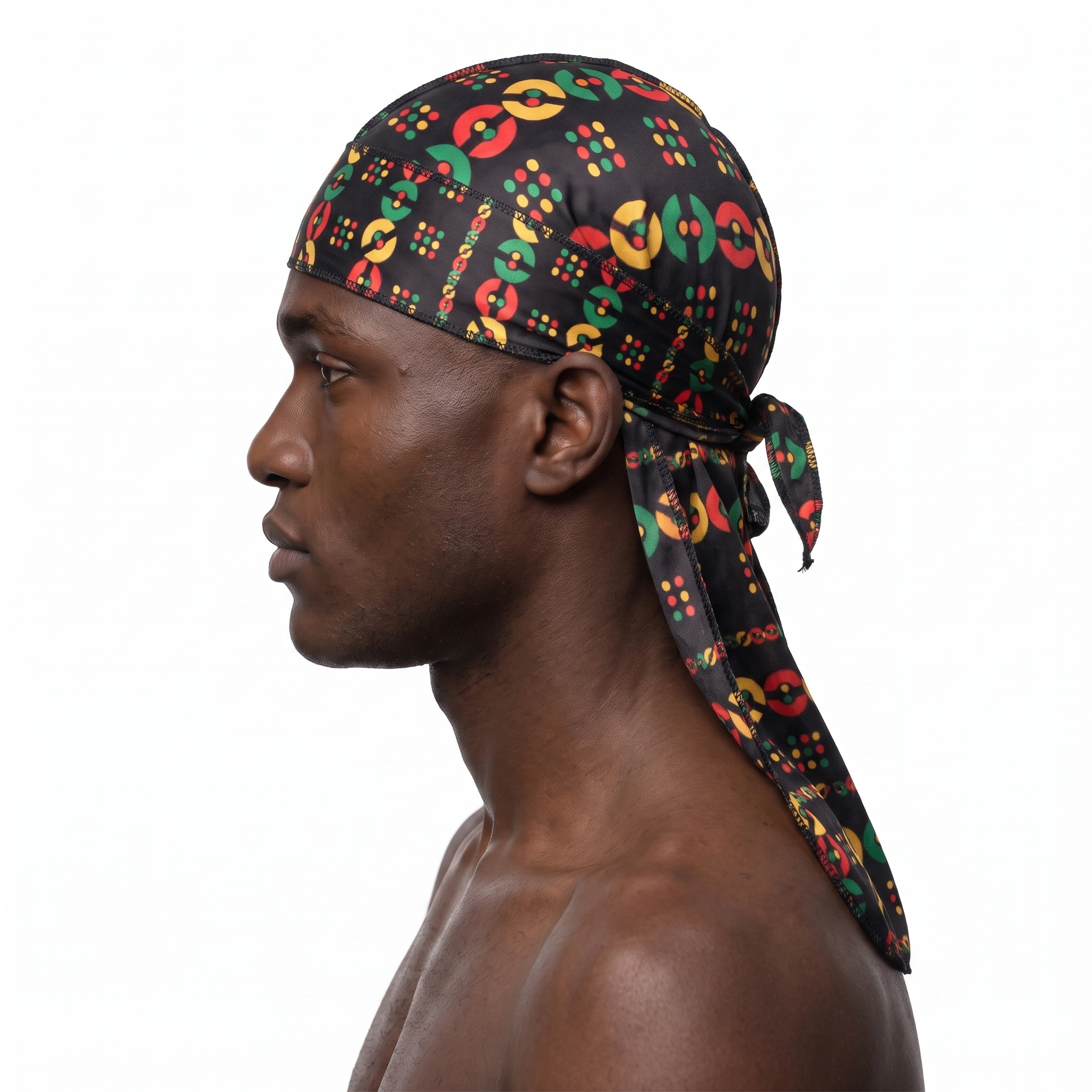 Juneteenth 5.0 red black and green Satin Silky Durag worn by male model, side profile showing fit and tail drape