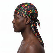 Juneteenth 5.0 red black and green Satin Silky Durag worn by male model, side profile showing fit and tail drape