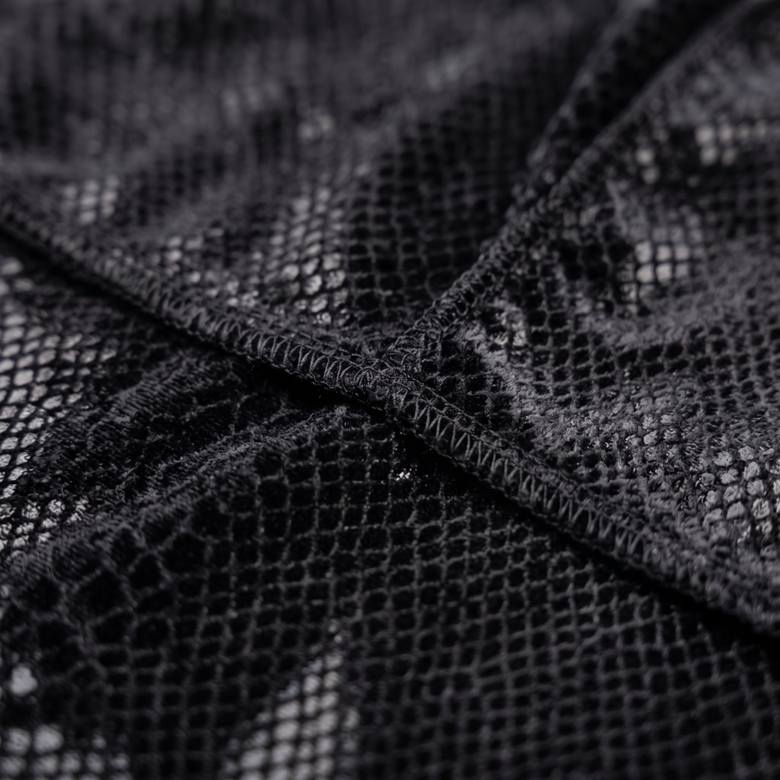 Elite Pattern Black Snake-Print Velvet Durag fabric close-up showing texture and stitching detail