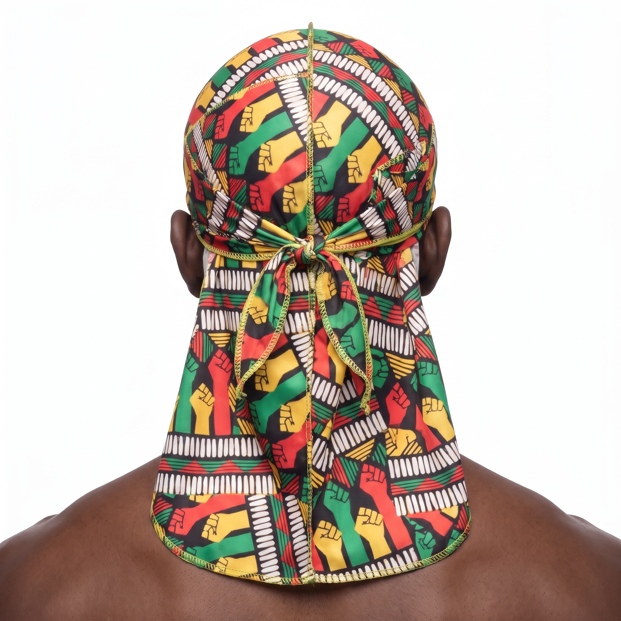 Juneteenth 6.0 red black and green Satin Silky Durag worn by male model, back view showing tied wrap and tail