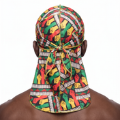 Juneteenth 6.0 red black and green Satin Silky Durag worn by male model, back view showing tied wrap and tail