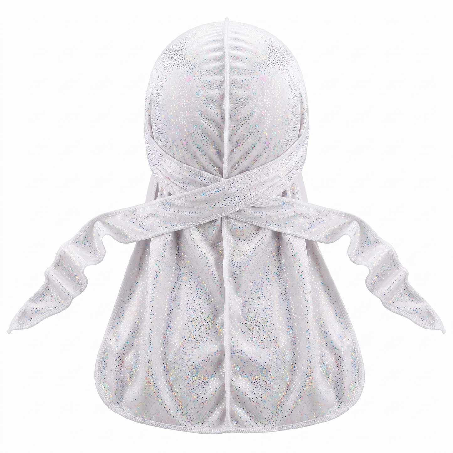 Premium White Hologram Sparkle Velvet Durag - premium durag back view showing wrap straps, tail and stitching