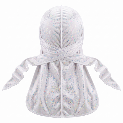 Premium White Hologram Sparkle Velvet Durag - premium durag back view showing wrap straps, tail and stitching