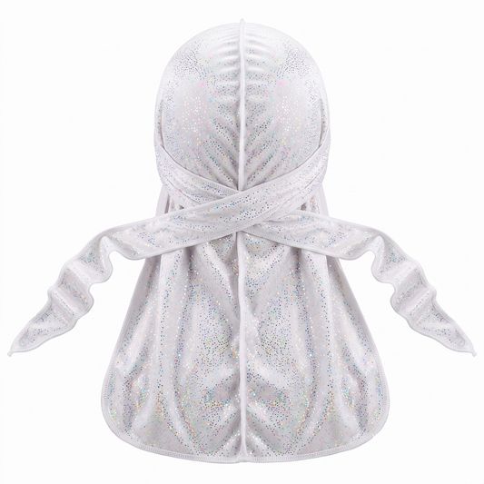 Premium White Hologram Sparkle Velvet Durag - premium durag back view showing wrap straps, tail and stitching