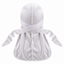 Premium White Hologram Sparkle Velvet Durag - premium durag back view showing wrap straps, tail and stitching