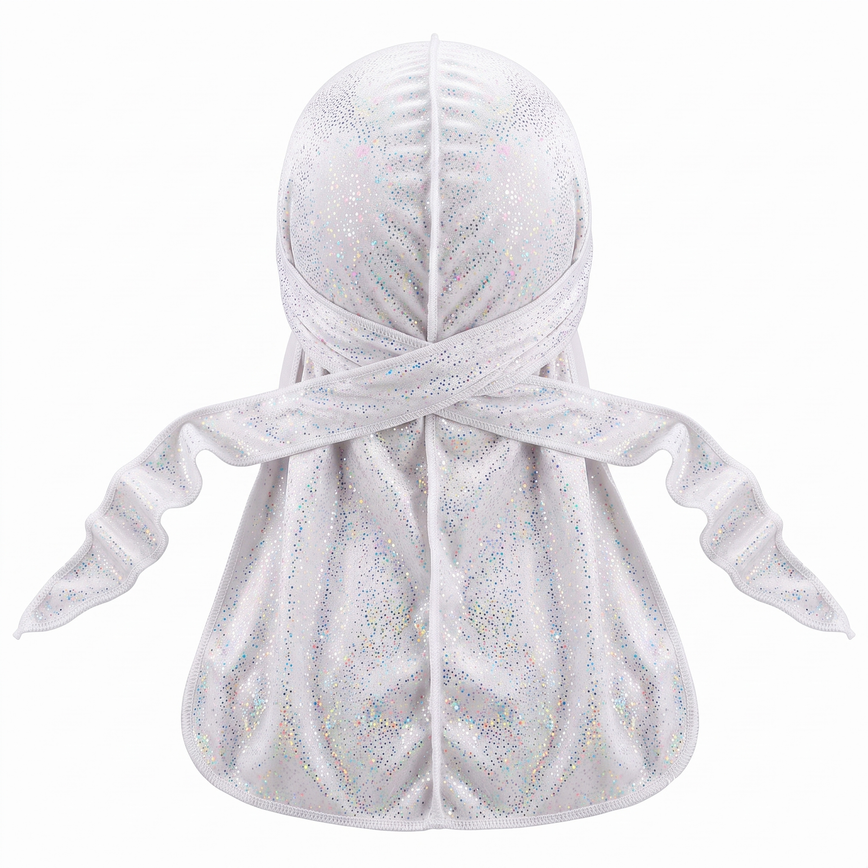 Premium White Hologram Sparkle Velvet Durag - premium durag back view showing wrap straps, tail and stitching