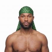 Cannabis Green leaf print Satin Silky Durag worn by male model, front view on white background