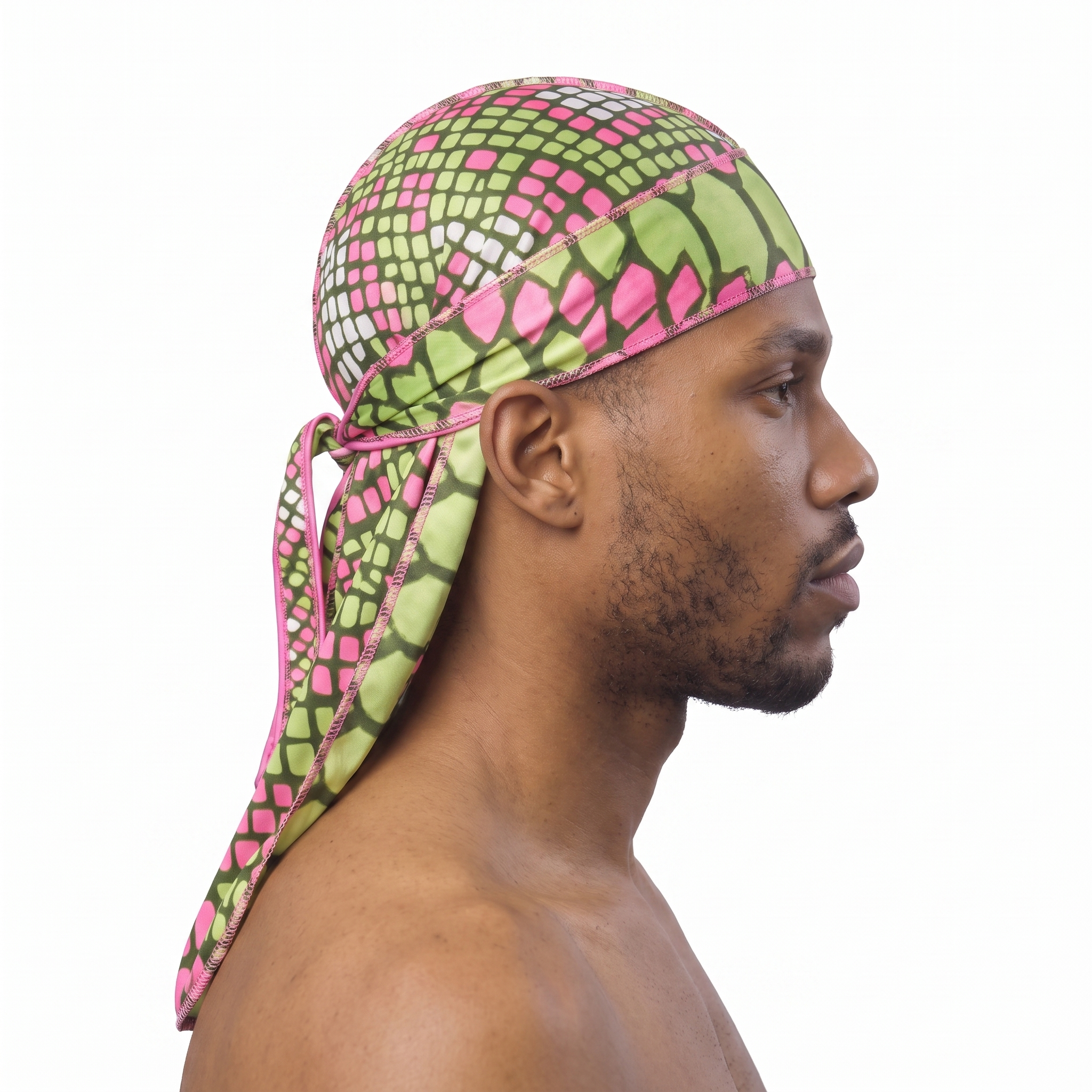 Olive and Pink reptile snakeskin Satin Silky Durag worn by male model, side profile showing fit and tail drape