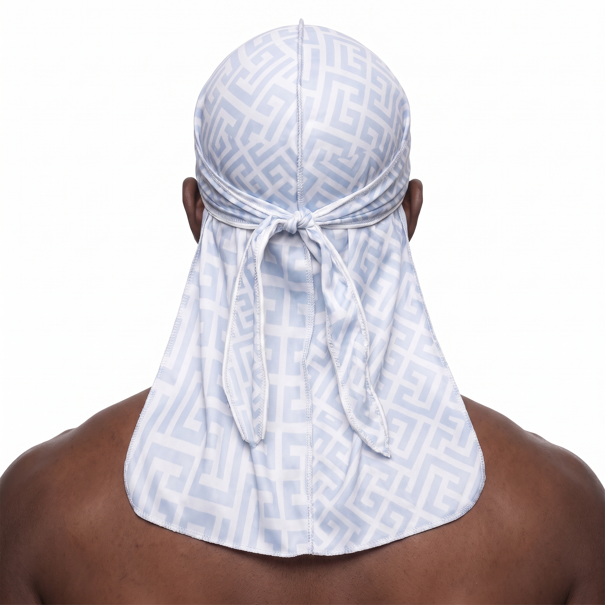 Light Blue Maze geometric Satin Silky Durag worn by male model, back view showing tied wrap and tail