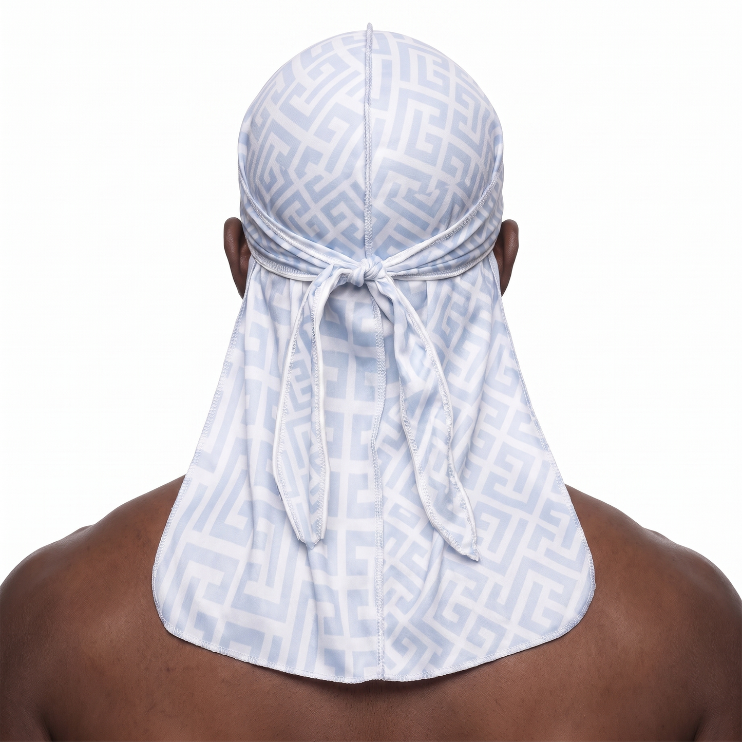 Light Blue Maze geometric Satin Silky Durag worn by male model, back view showing tied wrap and tail