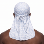 Light Blue Maze geometric Satin Silky Durag worn by male model, back view showing tied wrap and tail