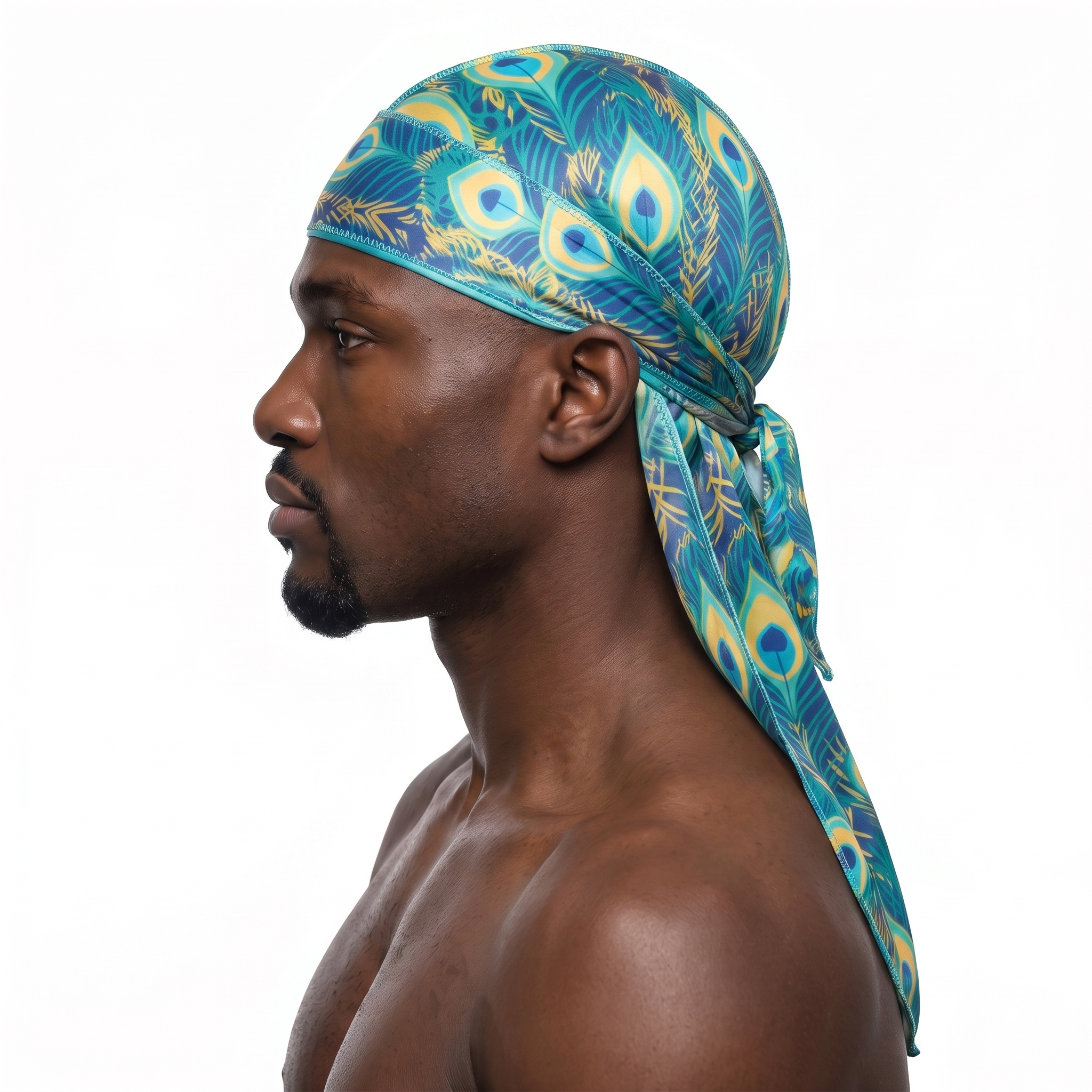 Peacock Bright feather Satin Silky Durag worn by male model, side profile showing fit and tail drape