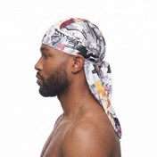 Bleach anime graphic Satin Silky Durag worn by male model, side profile showing fit and tail drape