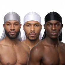 Premium Silk Durag Bundle Silver Grey - three models wearing Silver Grey, White and Black heavy silky durags