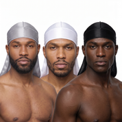 Premium Silk Durag Bundle Silver Grey - three models wearing Silver Grey, White and Black heavy silky durags