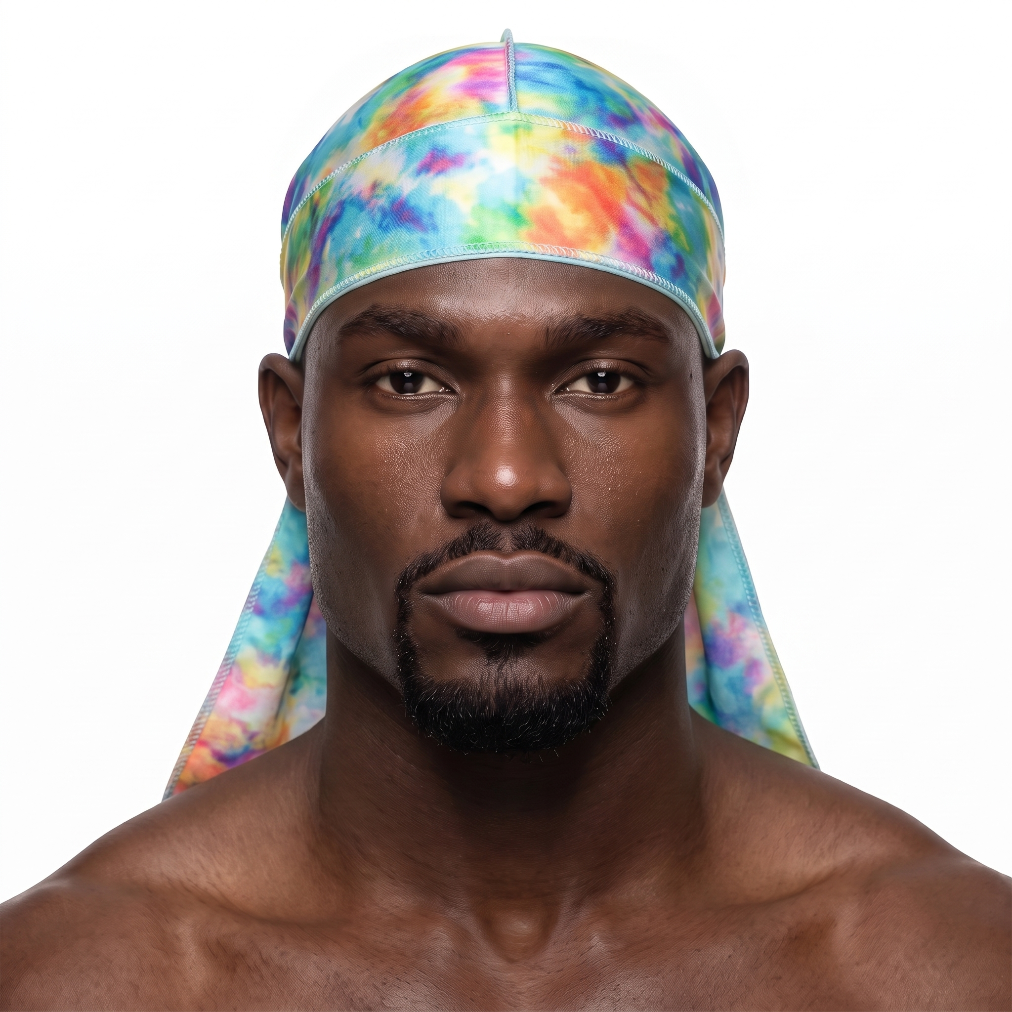 Color Bomb multicolor Tye Dye Satin Silky Durag worn by male model, front view on white background