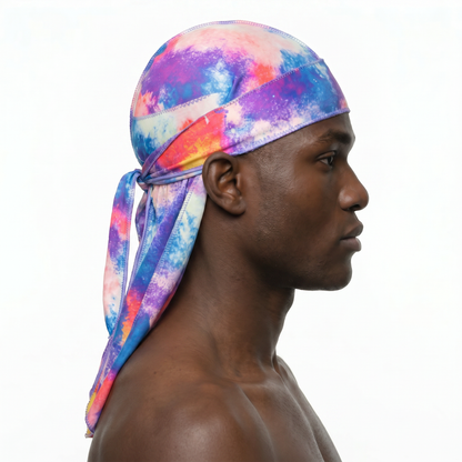 Pastel Cool Satin Silky Durag worn by male model, side profile showing fit and tail drape