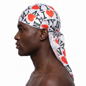 I Love NY graphic Satin Silky Durag worn by male model, side profile showing fit and tail drape