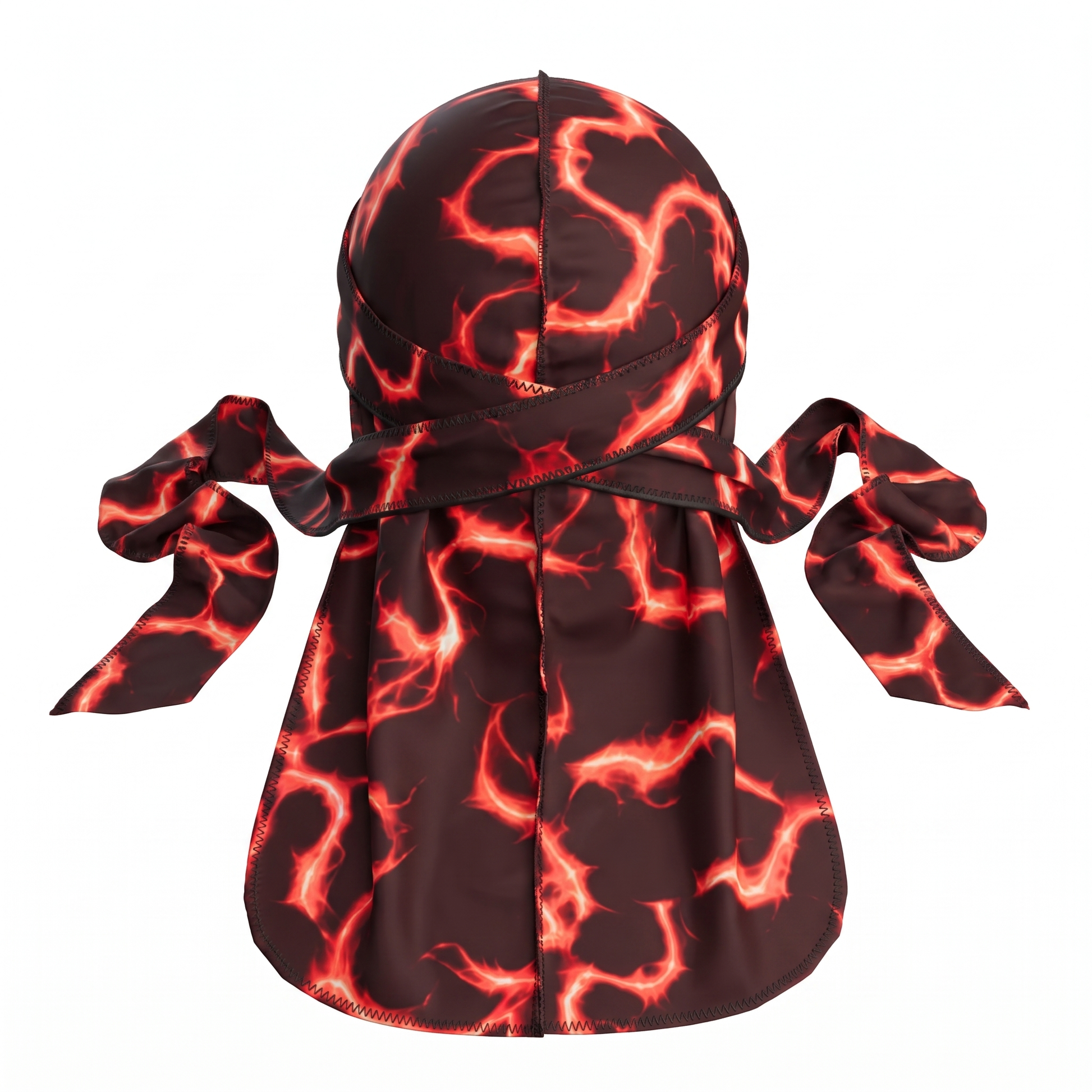 Voltage Red lightning Satin Silky Durag - premium silky durag back view showing wrap straps, tail and stitching