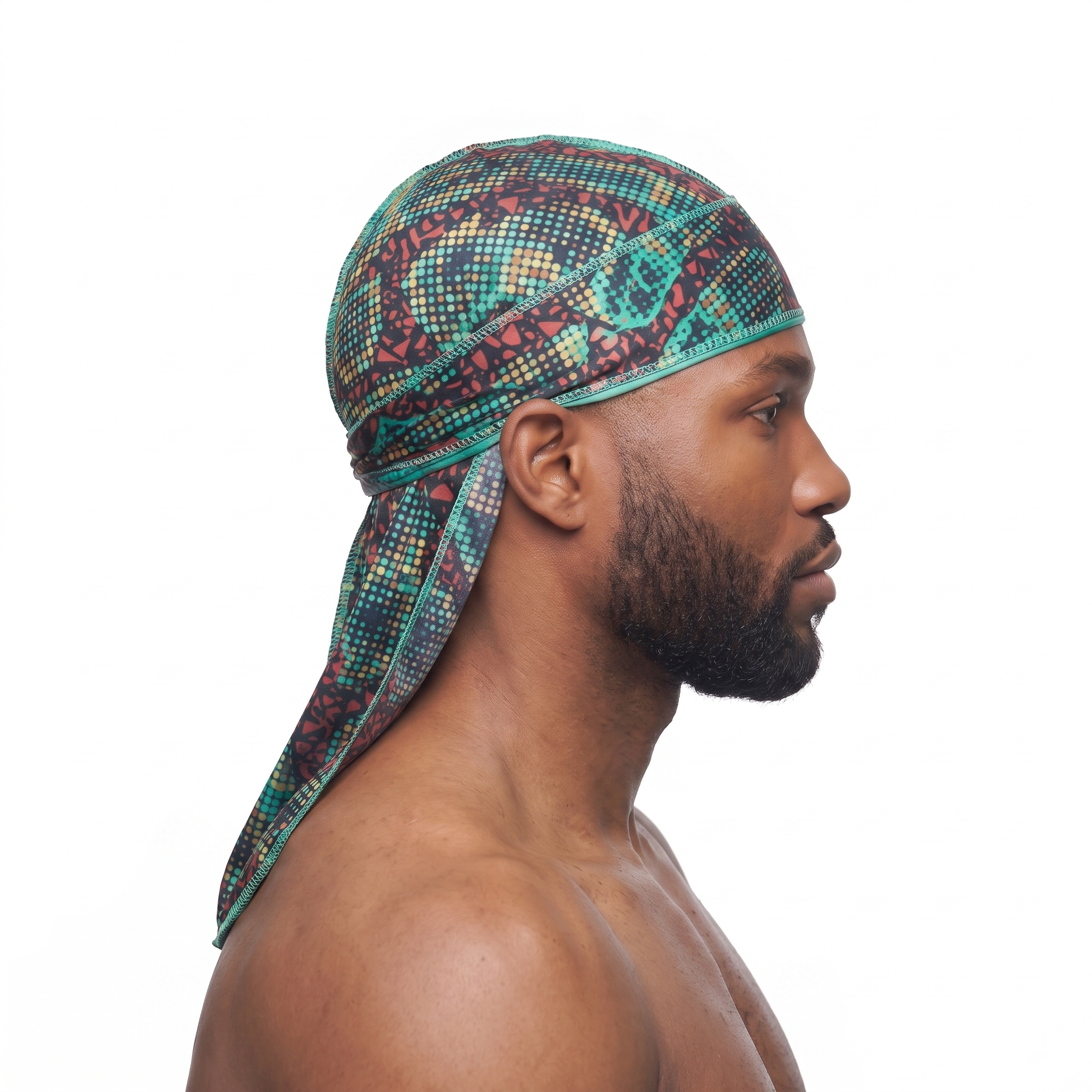 Digital Chameleon pixel camo Satin Silky Durag worn by male model, side profile showing fit and tail drape