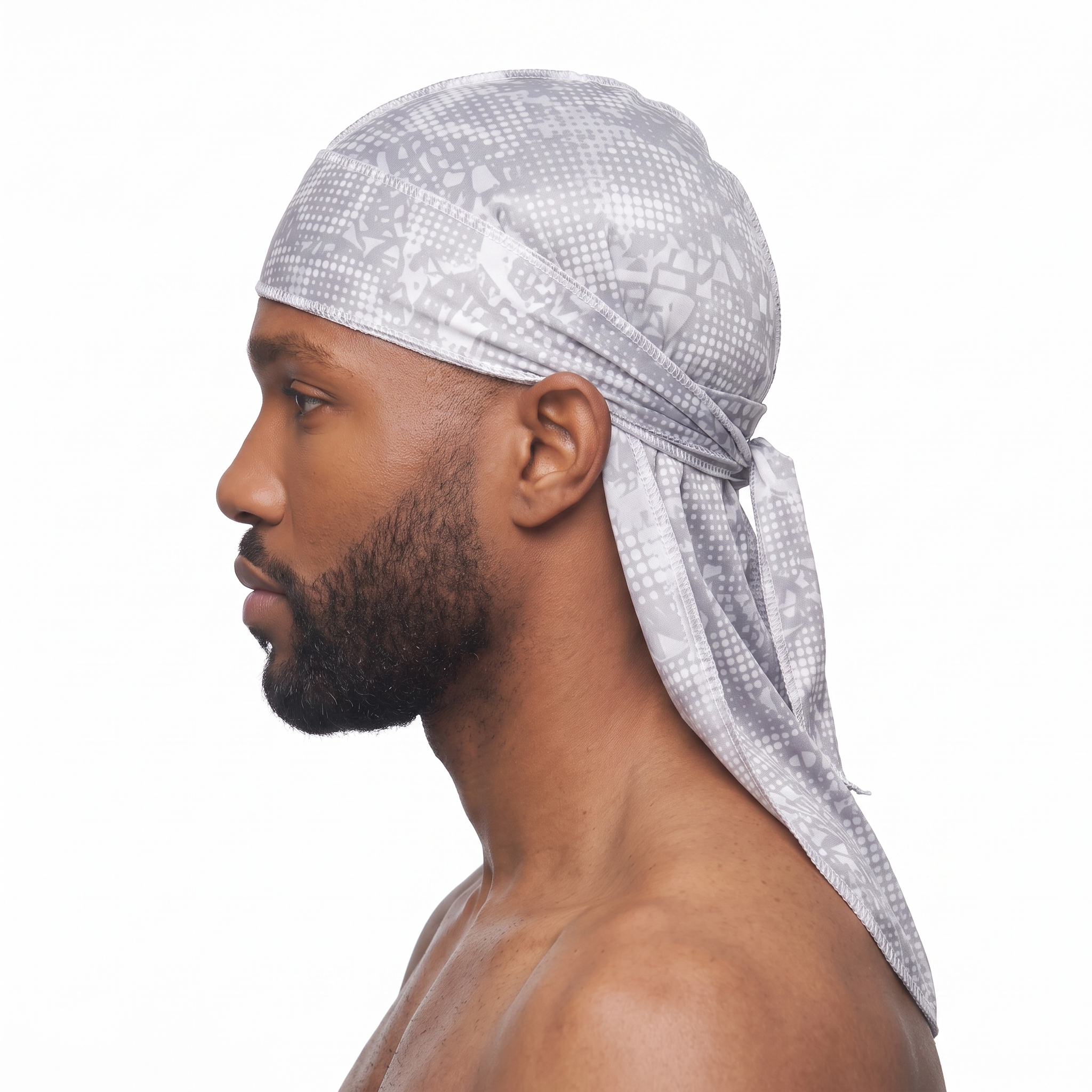 Digital Chameleon Ash pixel camo Satin Silky Durag worn by male model, side profile showing fit and tail drape