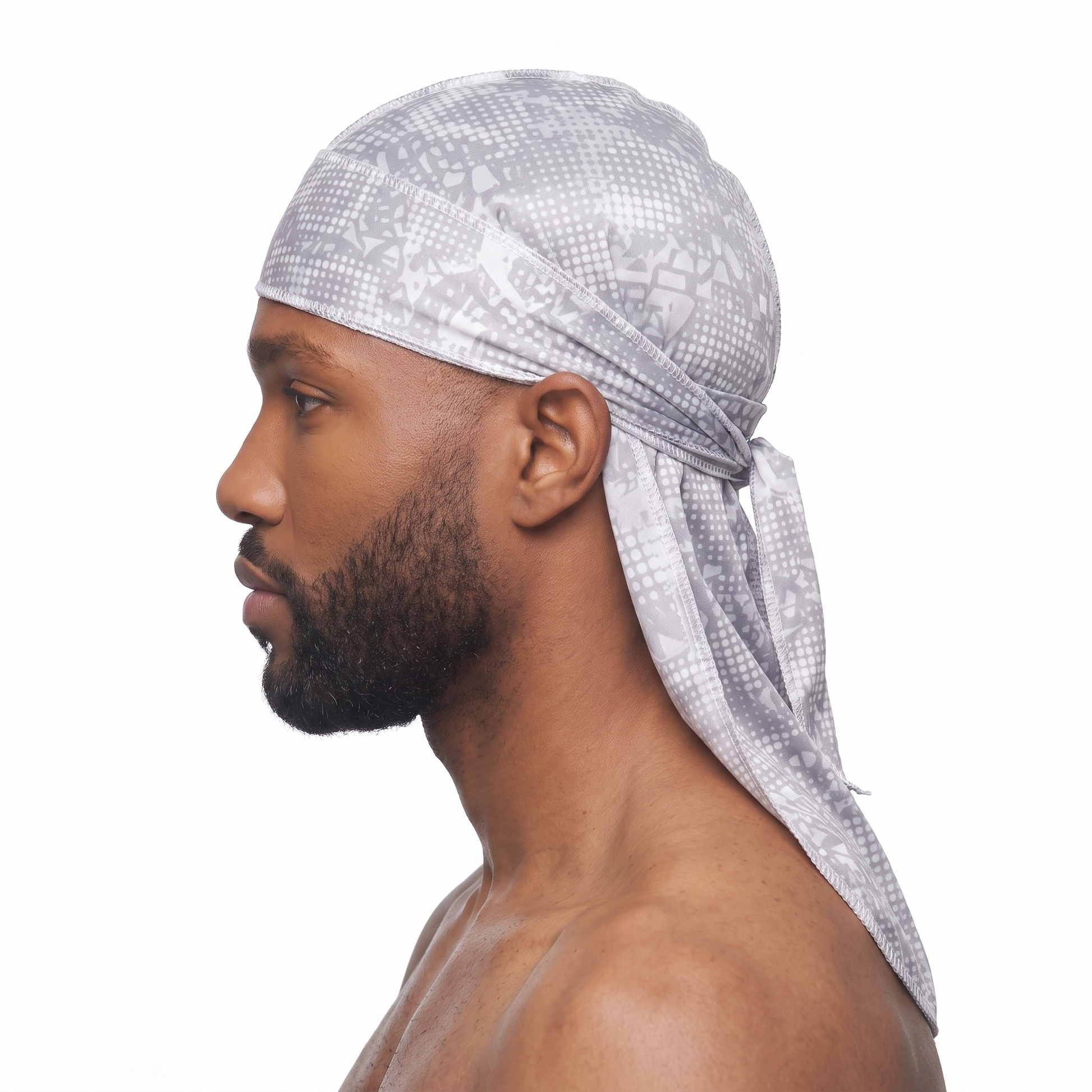 Digital Chameleon Ash pixel camo Satin Silky Durag worn by male model, side profile showing fit and tail drape