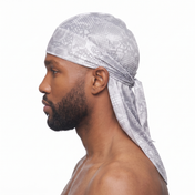 Digital Chameleon Ash pixel camo Satin Silky Durag worn by male model, side profile showing fit and tail drape
