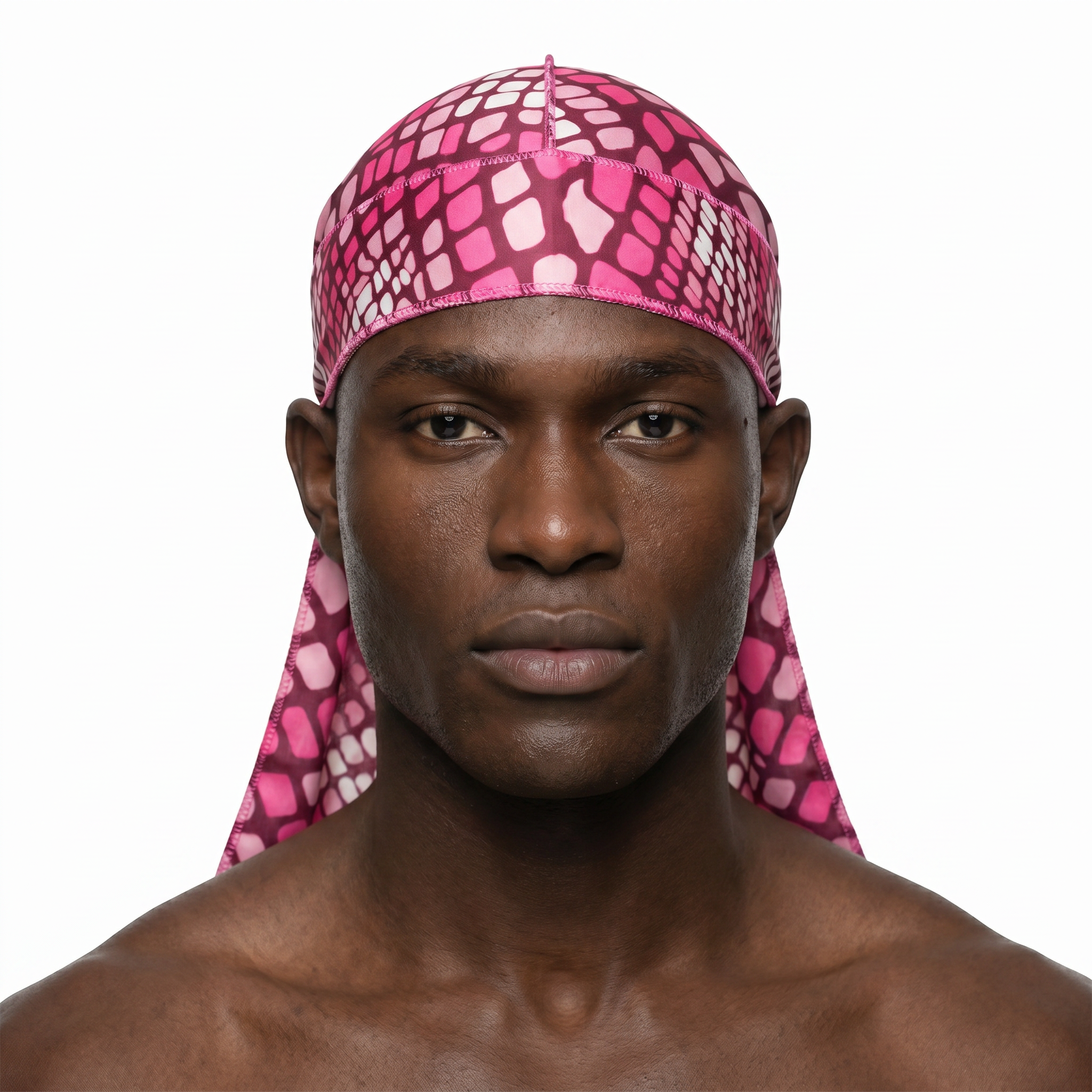 Hot Pink reptile snakeskin Satin Silky Durag worn by male model, front view on white background